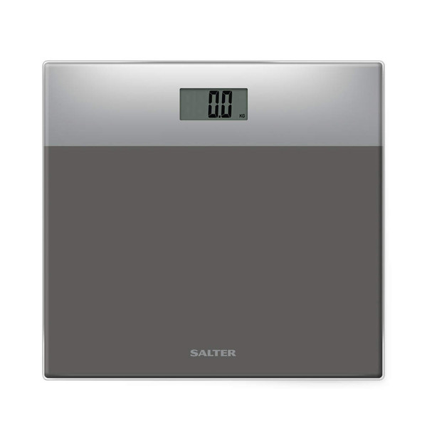 Salter silver and grey digital bathroom scale with LCD display, shown from above