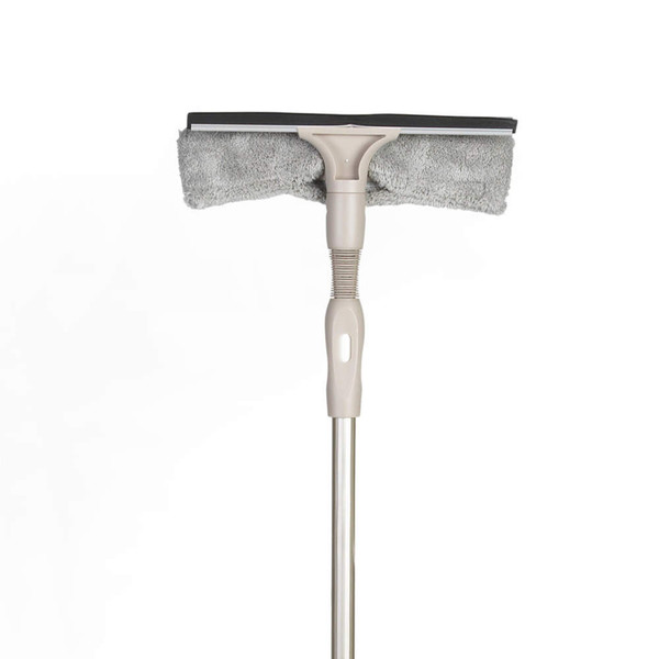 Beige extendable window squeegee with microfibre pad, shown upright on white background