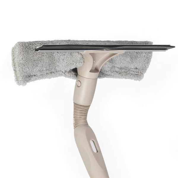 Telescopic window squeegee with grey microfibre pad, shown upright for cleaning.