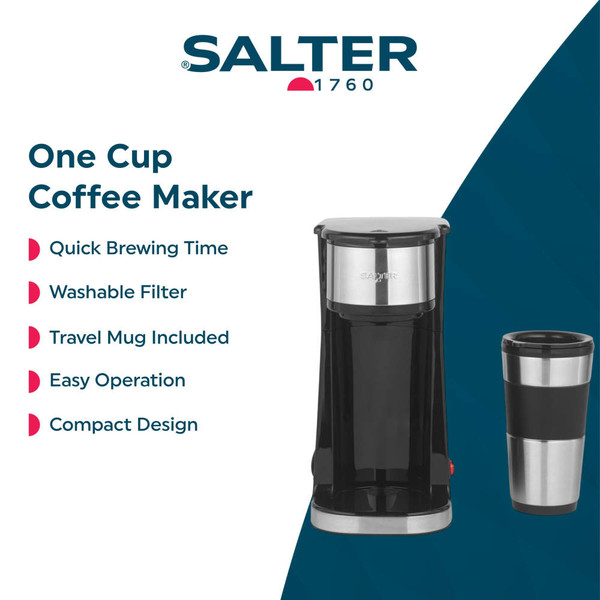 Black and silver Salter single-serve coffee maker with travel mug, front view