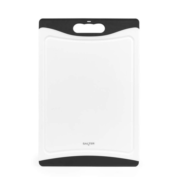 White plastic chopping board with black handles, shown upright for product listing.