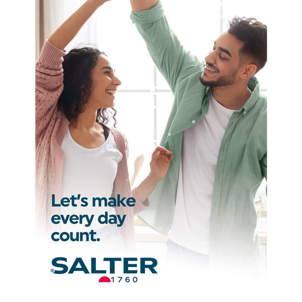 Promotional banner showing two people dancing indoors with text: Let's make every day count. Salter 1760.