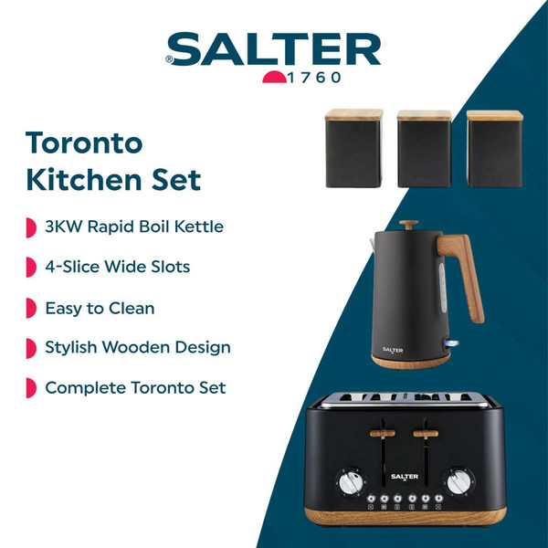 Black kettle, toaster, microwave and storage canisters with wooden accents on kitchen counter