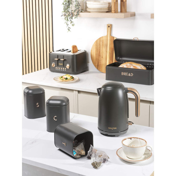 Pebble Kettle, 4-Slice Toaster & Bread Bin Set - Charcoal