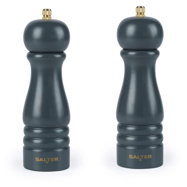 Salter set of two dark grey wooden salt and pepper mills with gold tops