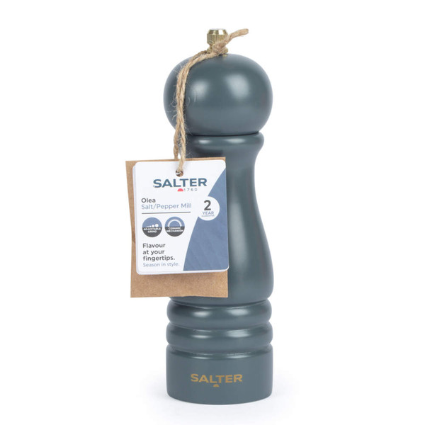 Dark grey Salter salt or pepper mill with label, shown upright.