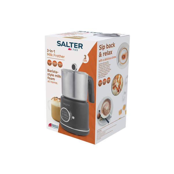 Salter 3-in-1 milk frother in black, retail box showing product with cappuccino image