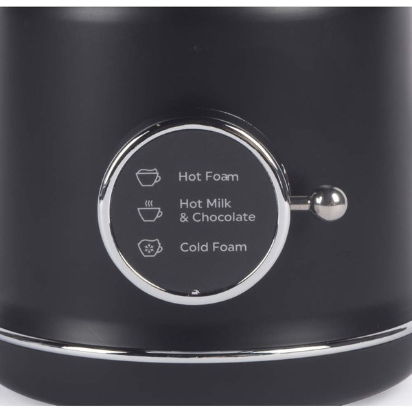Close up of black milk frother showing control dial for hot foam, hot milk & chocolate, and cold foam.