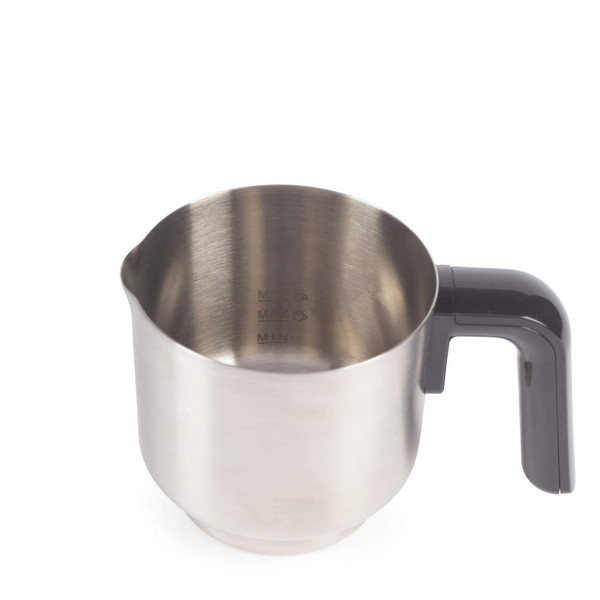 Stainless steel milk frothing jug with black plastic handle, shown empty from above.