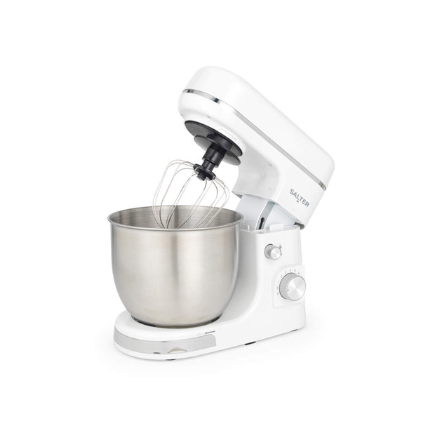 White stand mixer with stainless steel bowl and beater, side view