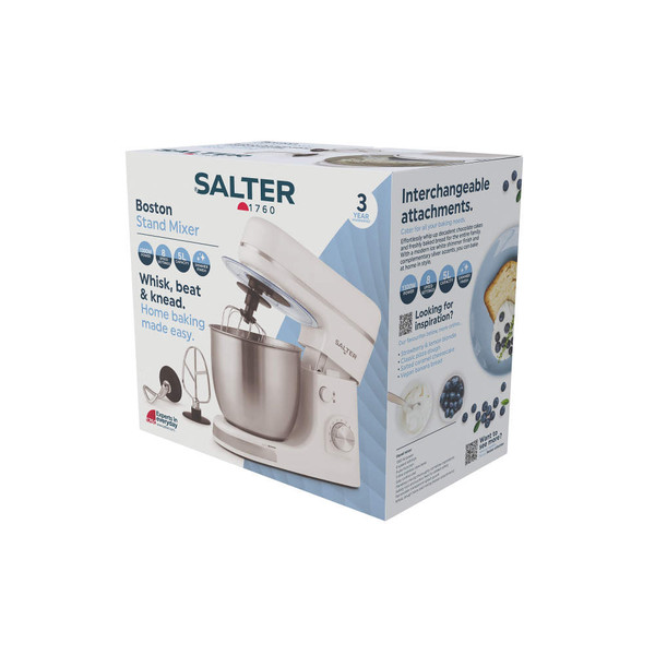 White Salter Boston stand mixer packaging showing mixer and attachments