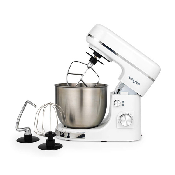 White stand mixer with stainless steel bowl and three attachments: whisk, beater, dough hook