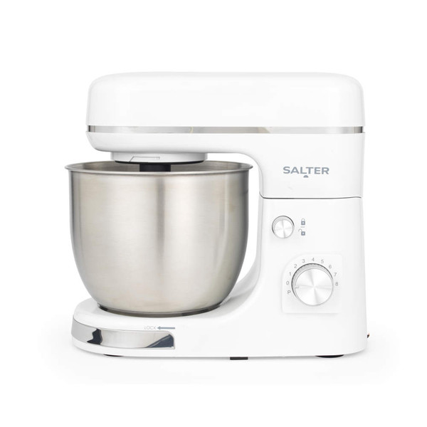 White stand mixer with stainless steel bowl, side view