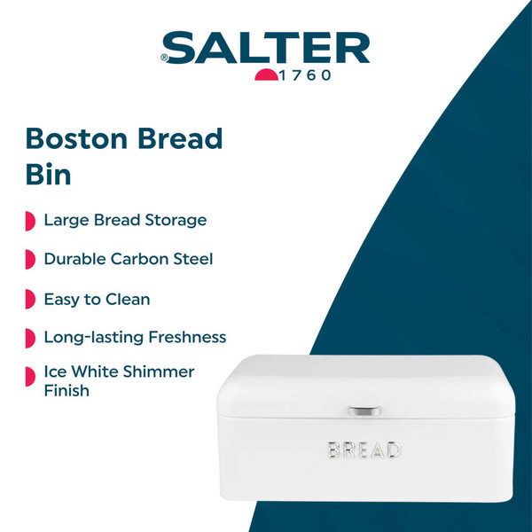 White metal bread bin with ice white shimmer finish, front view, Salter Boston range.