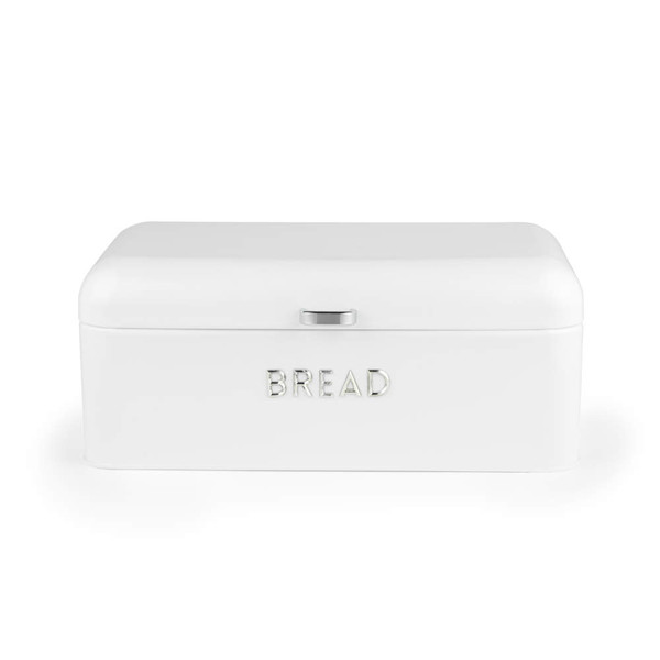 White metal bread bin with lift-up lid, front view, embossed 'BREAD' text.