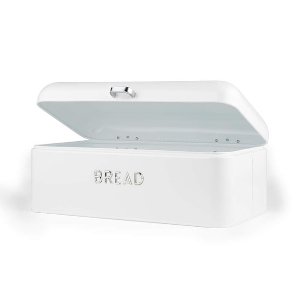 White metal bread bin with lid open, embossed 'BREAD' lettering on front.