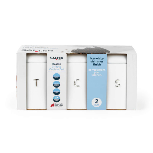 3-piece white canister set for tea, coffee, sugar in box, ice white shimmer finish