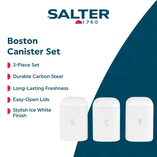 3-piece white canister set for tea, coffee, sugar in box, ice white shimmer finish