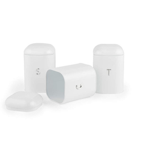 Set of three white storage tins for sugar, tea, and coffee with raised letters S, T, and U.
