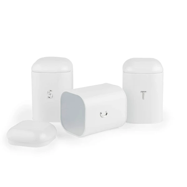 Set of three white storage tins for sugar, tea, and coffee with raised letters S, T, and U.