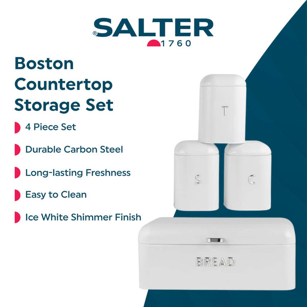 Box of Salter Boston 4-piece white countertop set with bread bin and storage jars