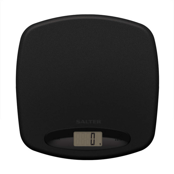 Black digital kitchen scale with LCD display showing zero grams