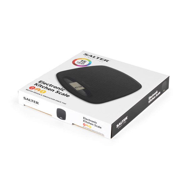 Black electronic kitchen scale in Salter branded retail packaging, angled product photo