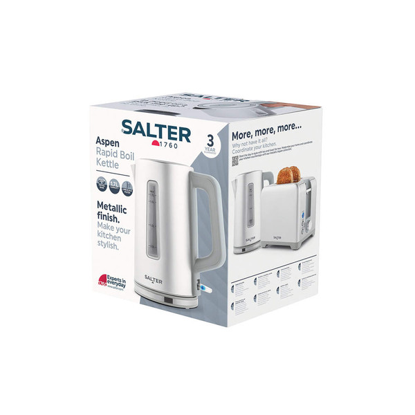 Boxed Salter Aspen Rapid Boil Kettle with metallic grey finish, pictured for product listing