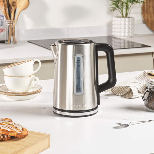 Stainless steel electric kettle with black handle, shown from the side