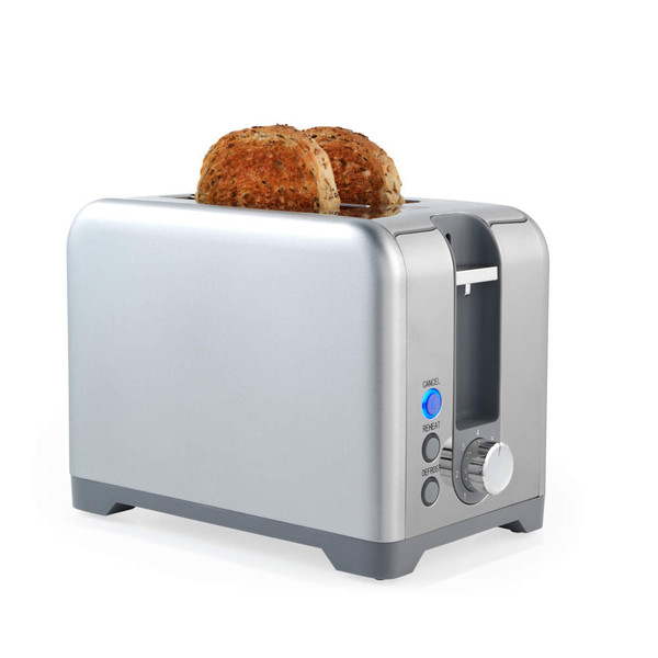 2-slice silver toaster with brown seeded bread