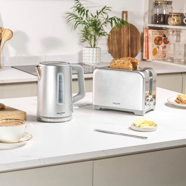 Silver electric kettle with water gauge, shown on kitchen counter