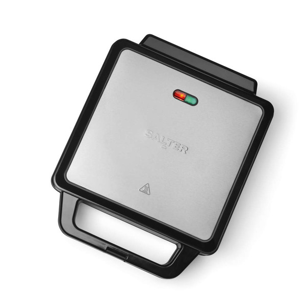 Salter black and silver sandwich maker, closed, shown from above with indicator lights