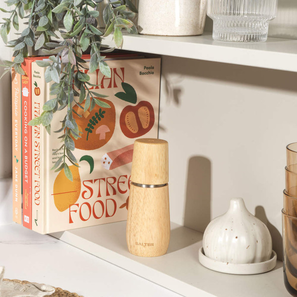 Salter wood effect salt or pepper grinder on kitchen shelf