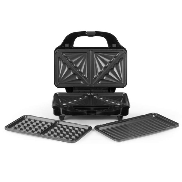 Black sandwich maker with removable waffle and grill plates, shown open.