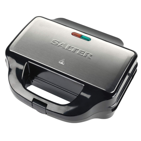 Salter stainless steel sandwich maker with black casing, closed, shown from above