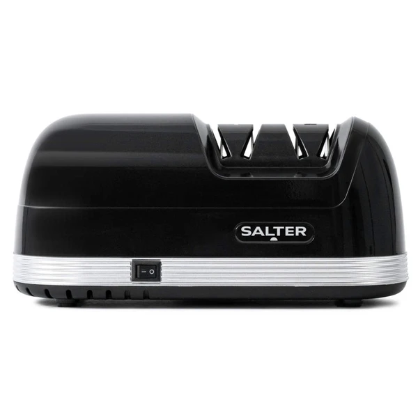 Black electric knife sharpener with Salter logo, shown from the side.