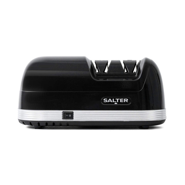 Black electric knife sharpener with Salter logo, shown from the side.