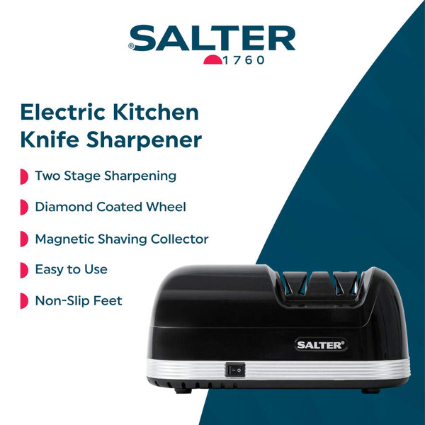 Black electric kitchen knife sharpener with two slots and Salter logo, shown side view.