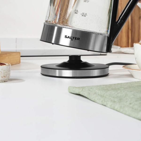Clear glass electric kettle with stainless steel base and black handle, 1.7L capacity