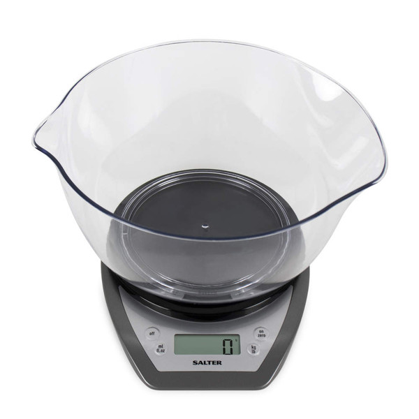 Silver digital kitchen scale with clear mixing bowl, top-down product image.