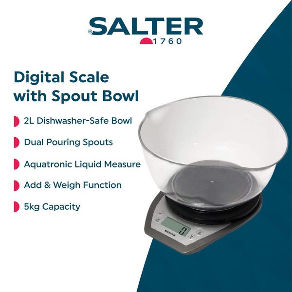 Digital kitchen scale with clear spout bowl, grey base, showing display and weighing features.