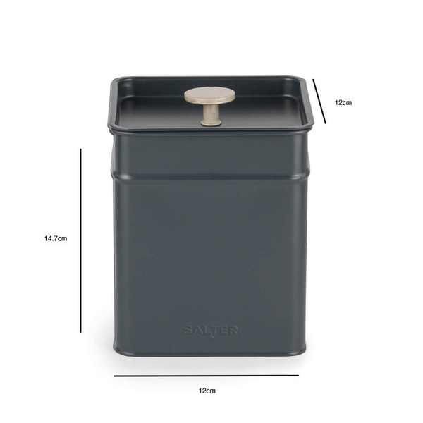Dark grey metal storage tin with wooden knob lid, Salter branding, shown with dimensions.