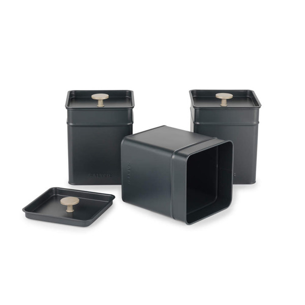 Set of three square grey storage tins with metal knobs, suitable for kitchen essentials.