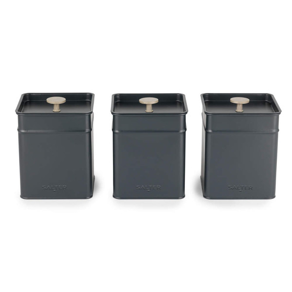 Set of three dark grey metal storage canisters with silver lids, Salter branded