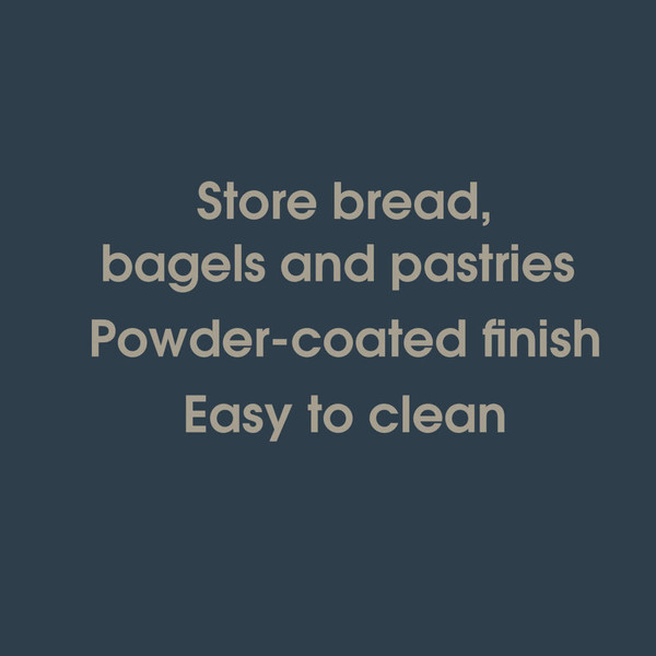 Promotional image showing baguette and bread rolls with text: Neatly store bread, bagels, and pastries; powder-coated finish.