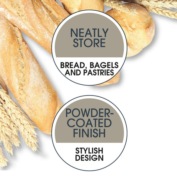 Promotional image showing baguette and bread rolls with text: Neatly store bread, bagels, and pastries; powder-coated finish.