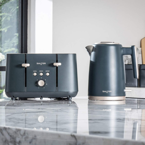 Salter matte dark blue kettle and toaster set on kitchen worktop