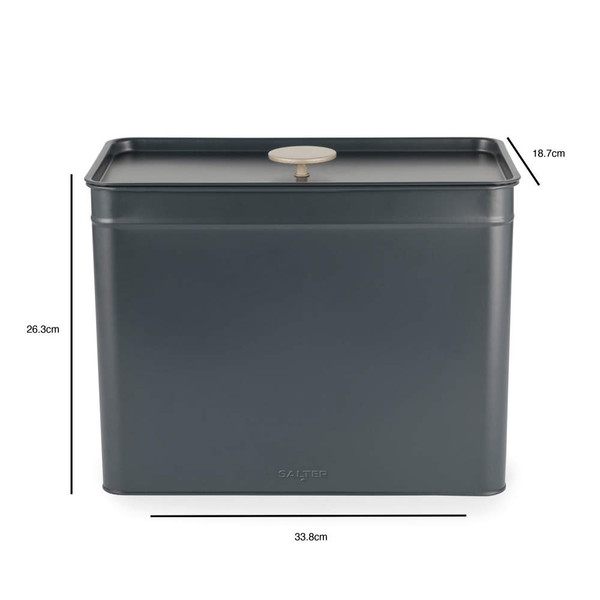 Large dark grey metal storage tin with lid, shown with measurements 26.3 x 33.8 x 18.7 cm