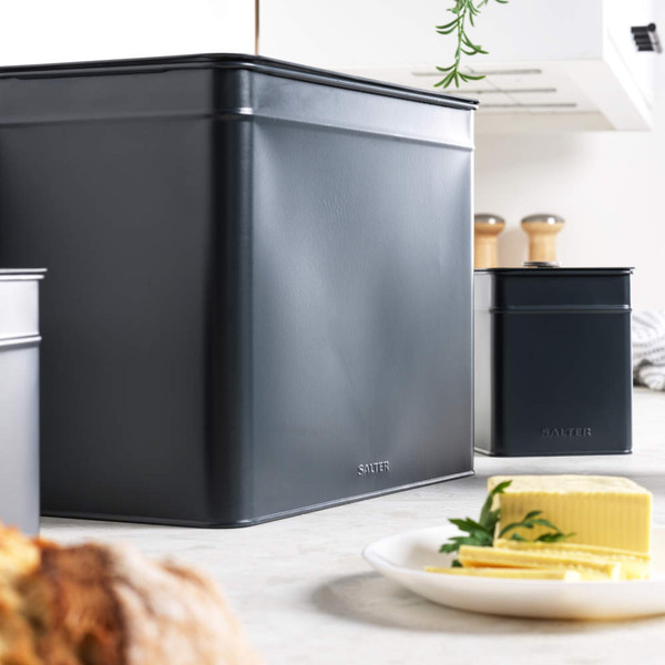 Salter matte dark blue kettle and toaster set on kitchen worktop