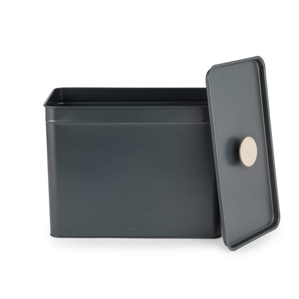 Black metal bread bin with matching lid and round silver handle, shown open.